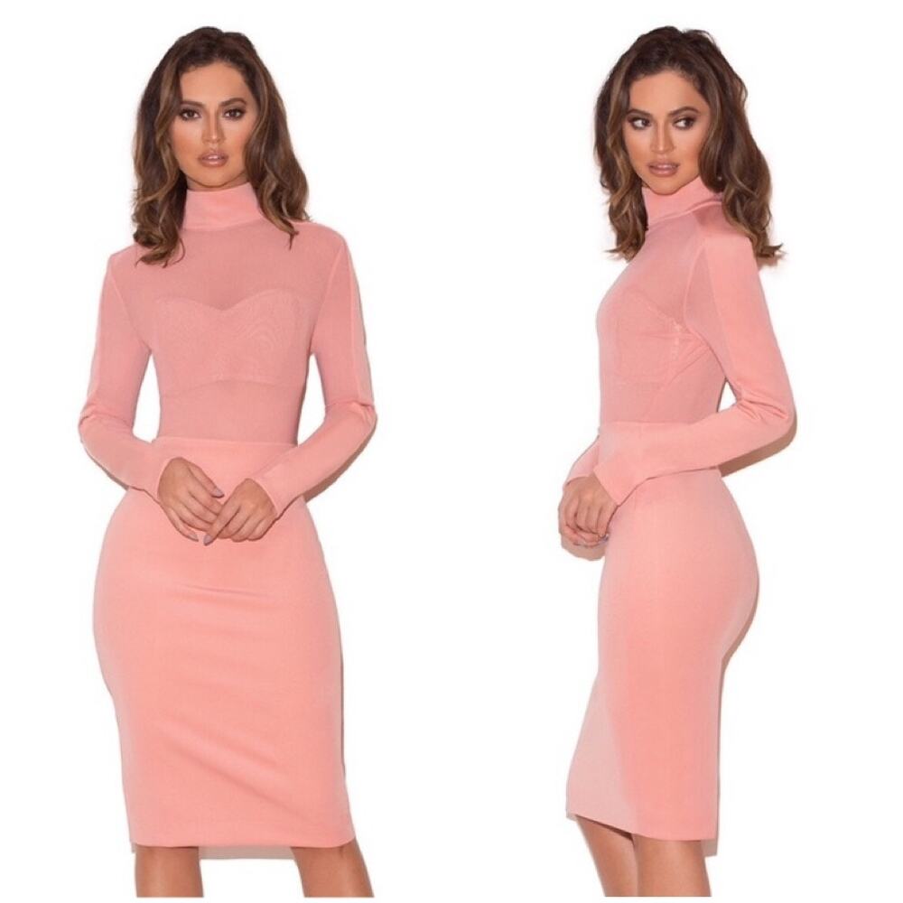 House of CB Sajida Long Sleeve Midi Dress Turtleneck Sheer Mesh Dusty Pink